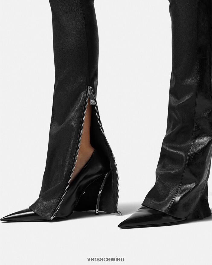 Schwarz Lederhose mit Fransen Versace Frauen Kleidung 8N4XJD223