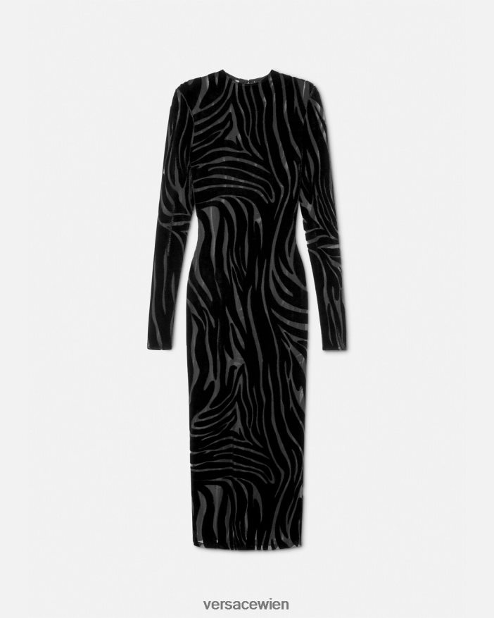Schwarz Midikleid aus Samt mit Zebramuster Versace Frauen Kleidung 8N4XJD72