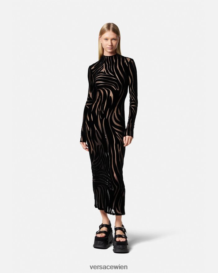 Schwarz Midikleid aus Samt mit Zebramuster Versace Frauen Kleidung 8N4XJD72