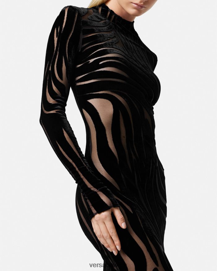 Schwarz Midikleid aus Samt mit Zebramuster Versace Frauen Kleidung 8N4XJD72