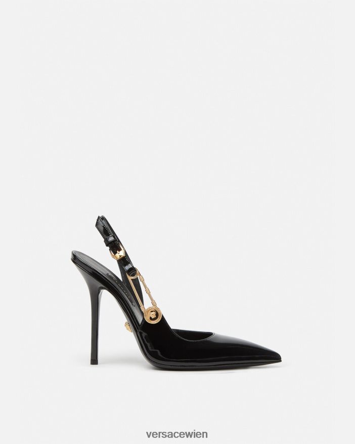 Schwarz Slingback-Pumps aus Lackleder mit Sicherheitsnadel Versace Frauen Schuh 8N4XJD490