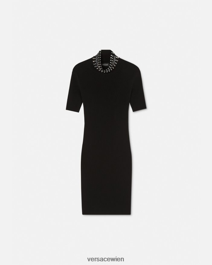 Schwarz Strick-Midikleid mit Rollkragen und Stacheln Versace Frauen Kleidung 8N4XJD71