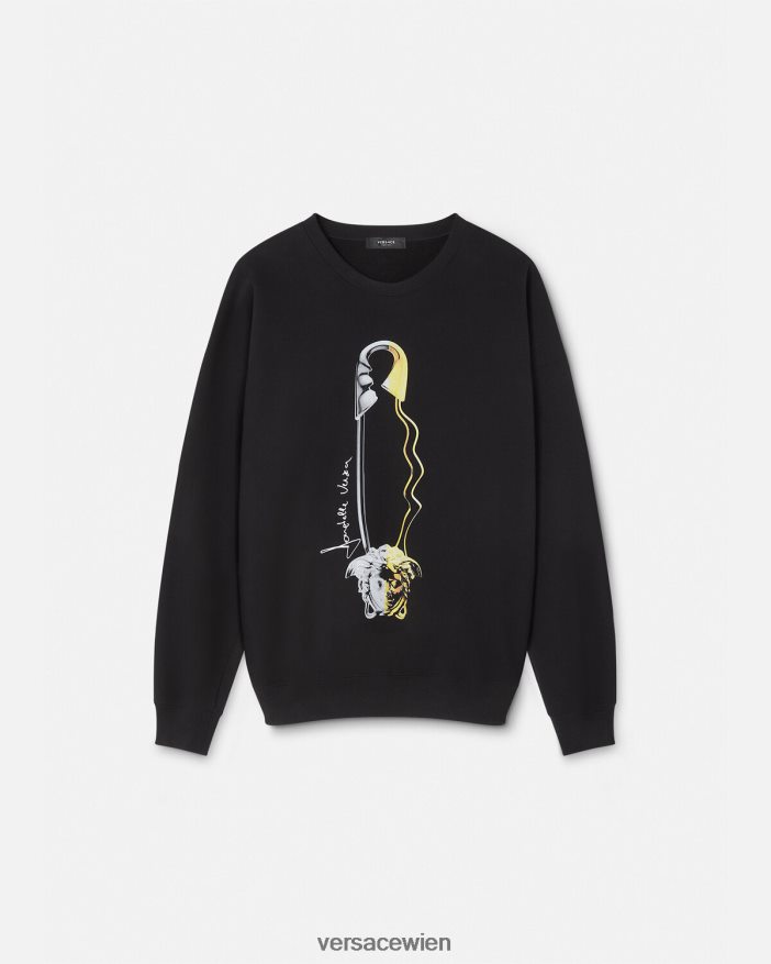 Schwarz Sweatshirt mit Sicherheitsnadel-Grafik Versace Männer Kleidung 8N4XJD1420