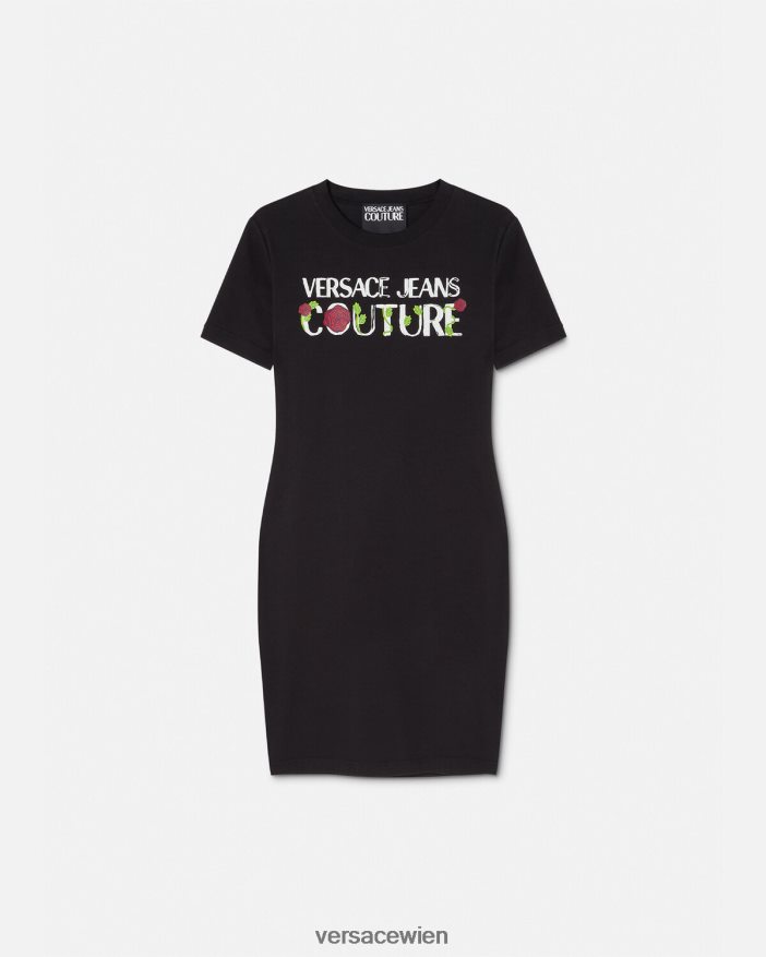 Schwarz T-Shirt-Kleid mit Rosen-Logo Versace Frauen Kleidung 8N4XJD2157
