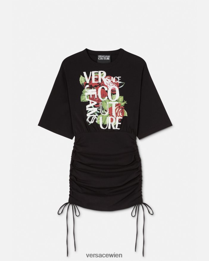 Schwarz T-Shirt-Kleid zum Schnüren mit Rosen-Logo Versace Frauen Kleidung 8N4XJD2161