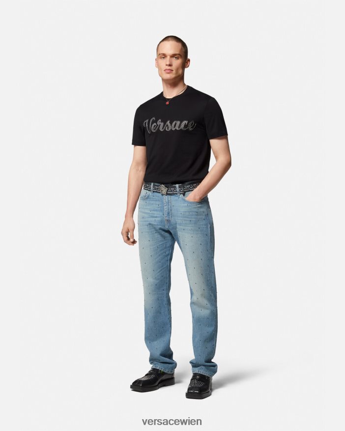Schwarz T-Shirt mit Kristall-College-Logo Versace Männer Kleidung 8N4XJD1406