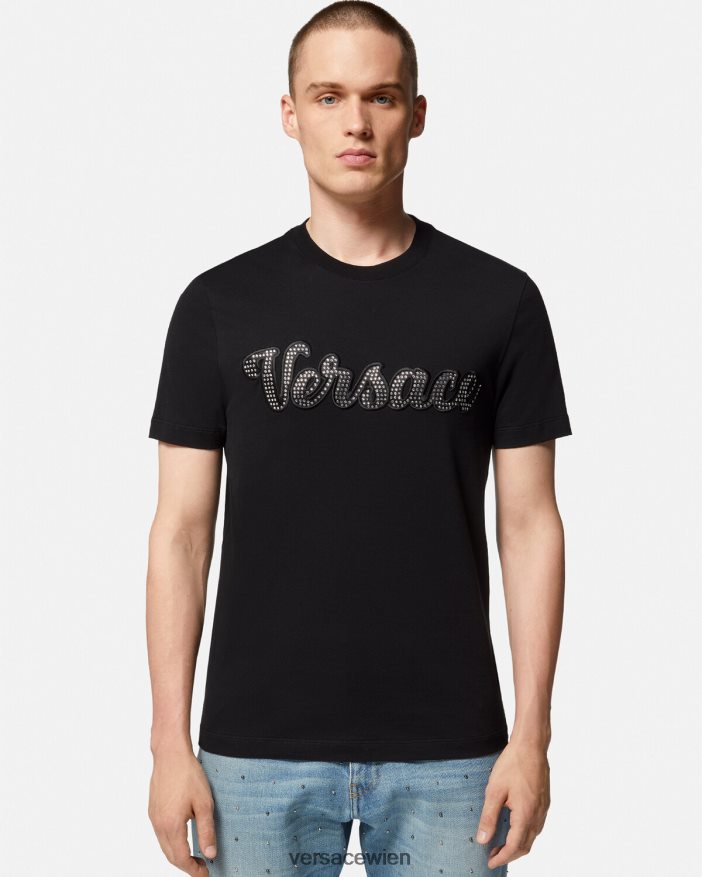 Schwarz T-Shirt mit Kristall-College-Logo Versace Männer Kleidung 8N4XJD1406