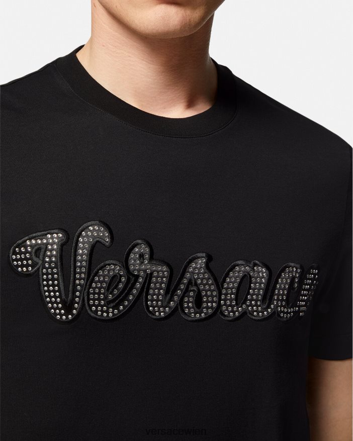 Schwarz T-Shirt mit Kristall-College-Logo Versace Männer Kleidung 8N4XJD1406