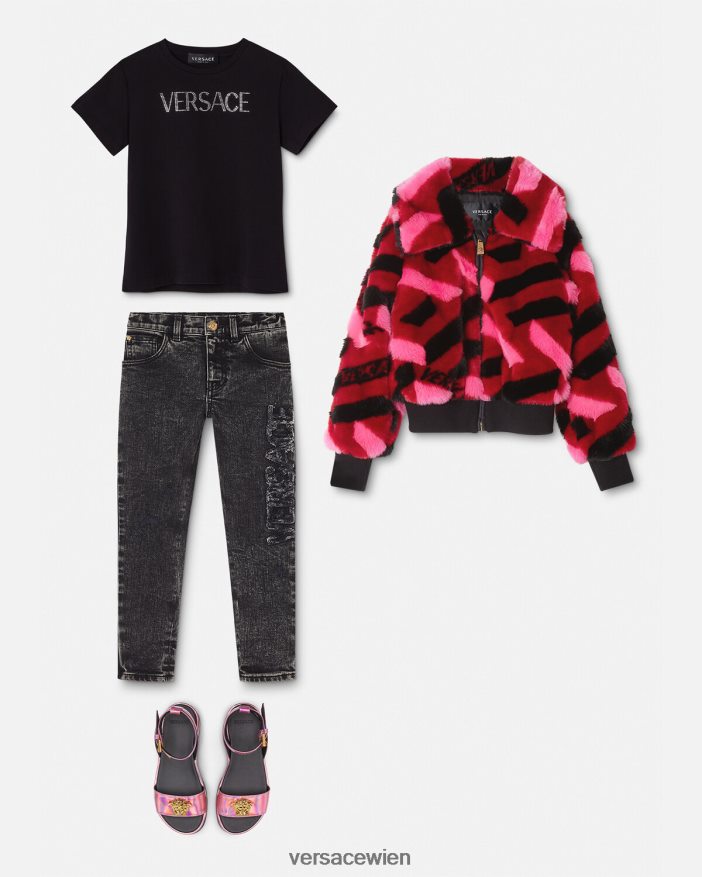 Schwarz T-Shirt mit Kristalllogo Versace Kinder Kleidung 8N4XJD2021