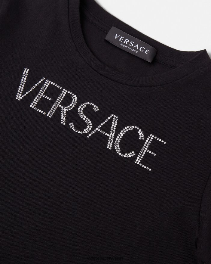 Schwarz T-Shirt mit Kristalllogo Versace Kinder Kleidung 8N4XJD2021