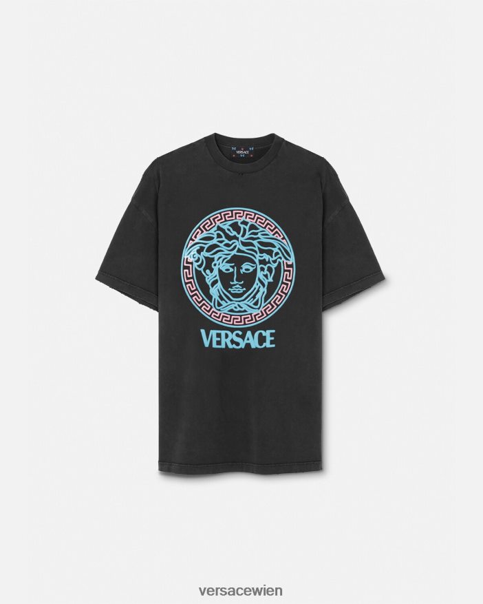 Schwarz T-Shirt mit Medusa-Logo in Distressed-Optik Versace Frauen Kleidung 8N4XJD134