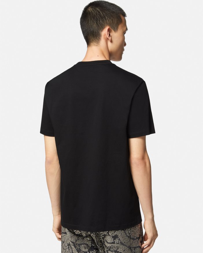 Schwarz T-Shirt mit Sicherheitsnadel-Grafik Versace Männer Kleidung 8N4XJD1400