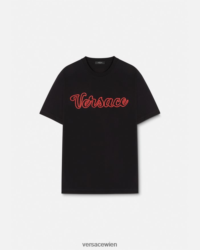 Schwarz T-Shirt mit aufgesticktem College-Logo Versace Männer Kleidung 8N4XJD1404