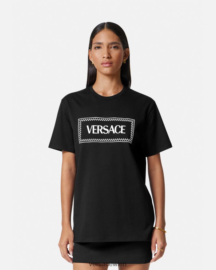 Schwarz T-Shirt mit aufgesticktem Logo Versace Frauen Kleidung 8N4XJD137