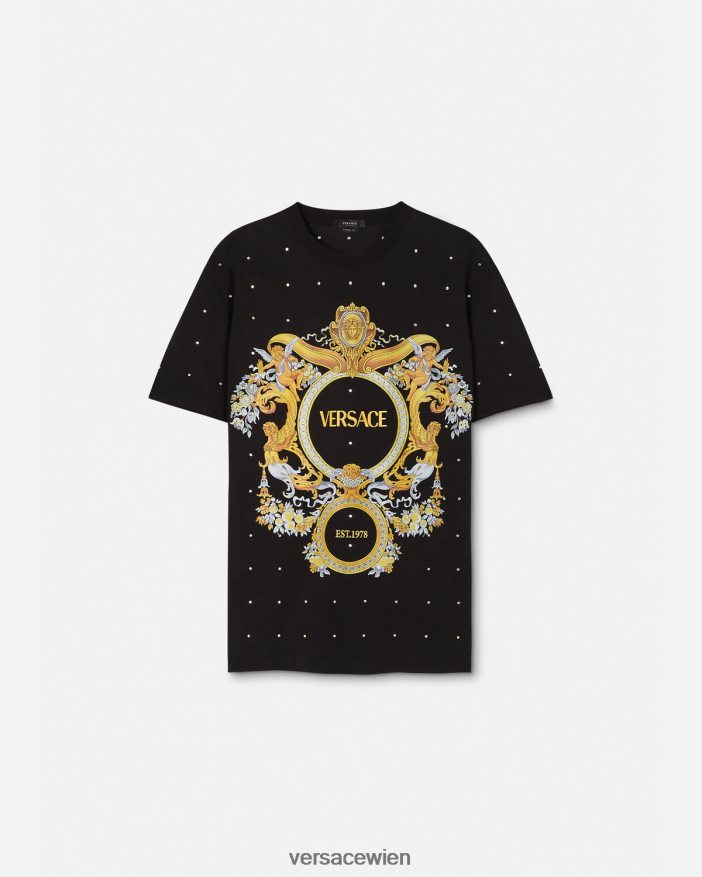 Schwarz T-Shirt mit barockem Kristallgitter Versace Männer Kleidung 8N4XJD1402