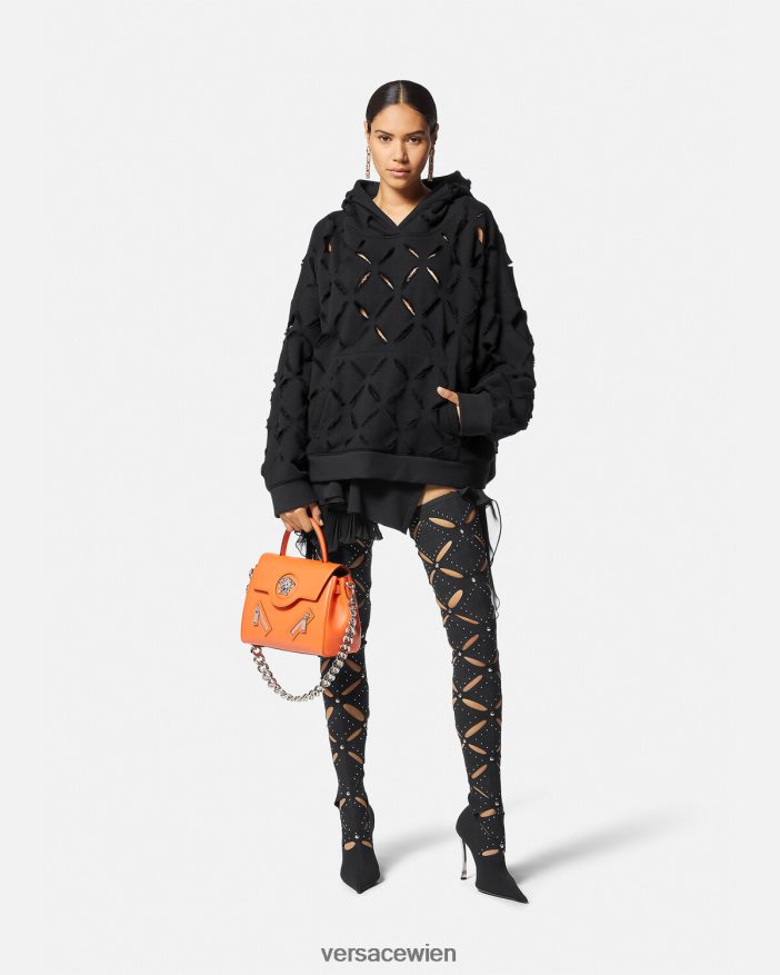 Schwarz Übergroßer Kapuzenpullover mit Schlitz und Distressed-Effekt Versace Frauen Kleidung 8N4XJD142