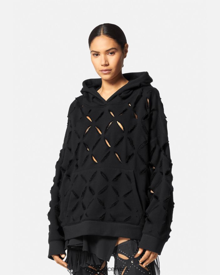Schwarz Übergroßer Kapuzenpullover mit Schlitz und Distressed-Effekt Versace Frauen Kleidung 8N4XJD142