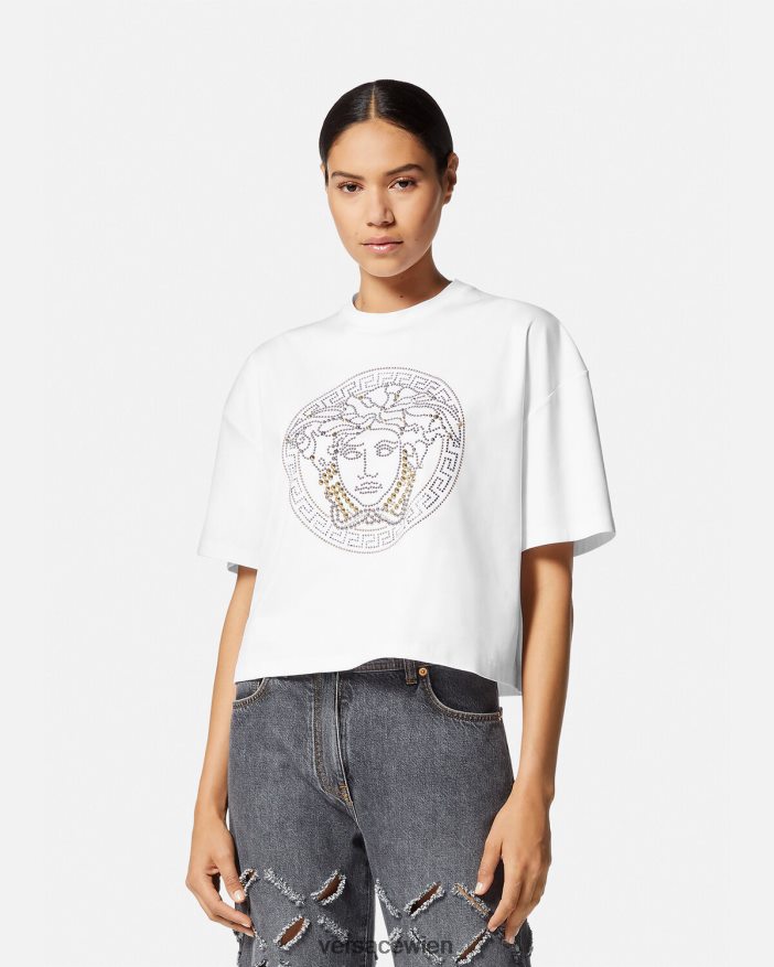 Weiß Crop-Top mit Medusa und Nieten Versace Frauen Kleidung 8N4XJD154
