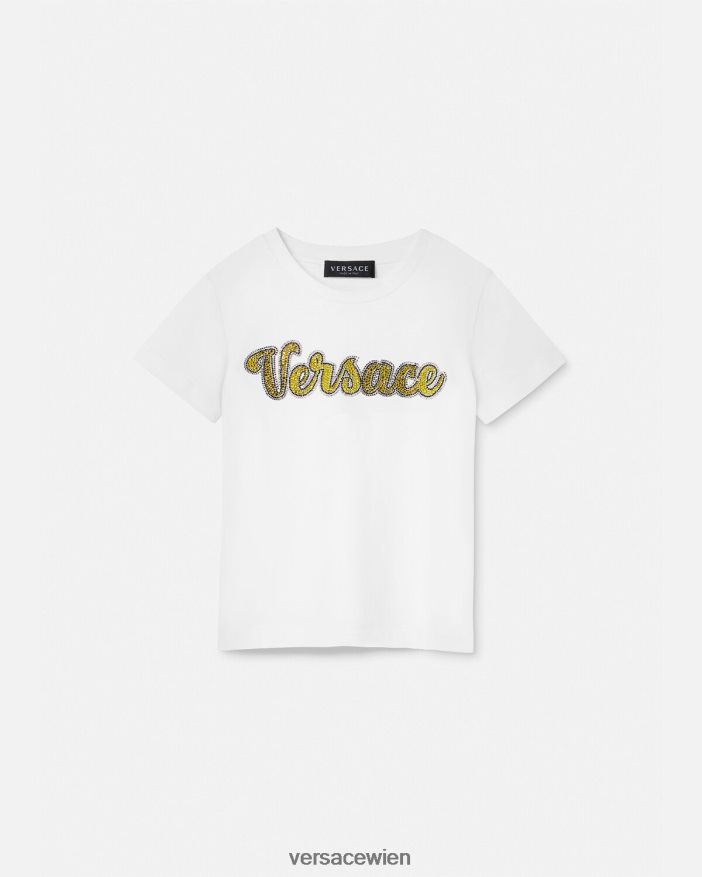 Weiß T-Shirt mit Kristalllogo Versace Kinder Kleidung 8N4XJD2020
