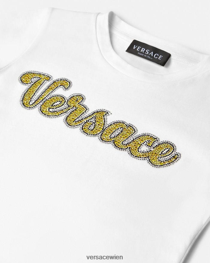 Weiß T-Shirt mit Kristalllogo Versace Kinder Kleidung 8N4XJD2020