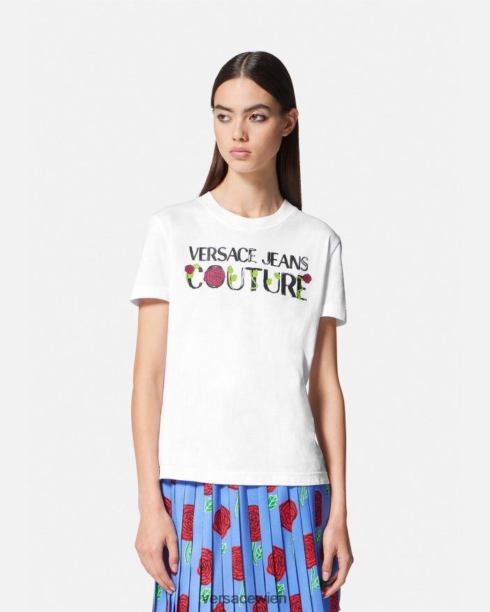 Weiß T-Shirt mit Rosen-Logo Versace Frauen Kleidung 8N4XJD2169