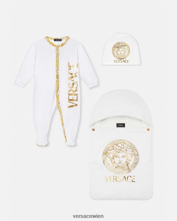 Weißes Gold Baby-Schlafanzug im Barocco-Stil Versace Kinder Kleidung 8N4XJD1825