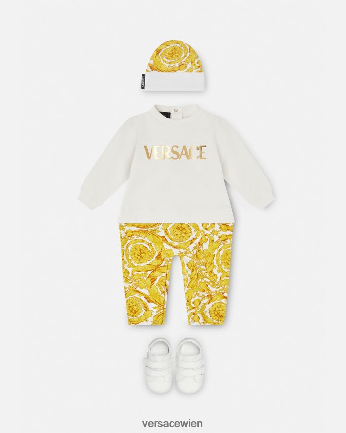 Weißes Gold Baby-Strampler im Barocco-Stil Versace Kinder Kleidung 8N4XJD1821