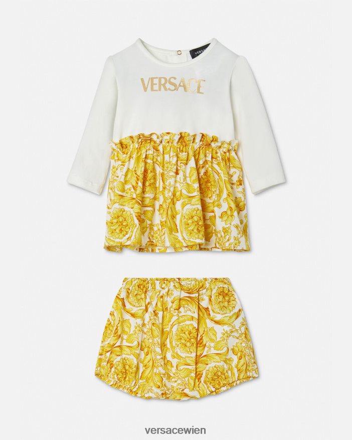 Weißes Gold Babykleid-Set im Barocco-Stil Versace Kinder Kleidung 8N4XJD1822
