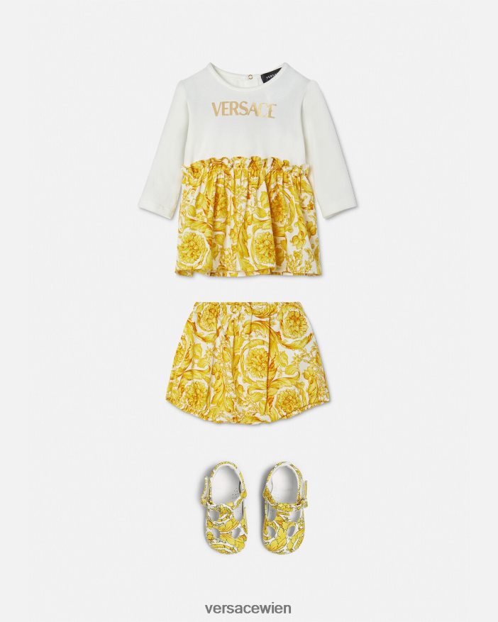 Weißes Gold Babykleid-Set im Barocco-Stil Versace Kinder Kleidung 8N4XJD1822