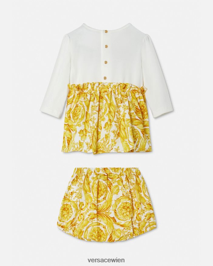 Weißes Gold Babykleid-Set im Barocco-Stil Versace Kinder Kleidung 8N4XJD1822