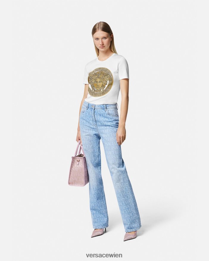 Weißes Gold Crystal La Medusa T-Shirt Versace Frauen Kleidung 8N4XJD133