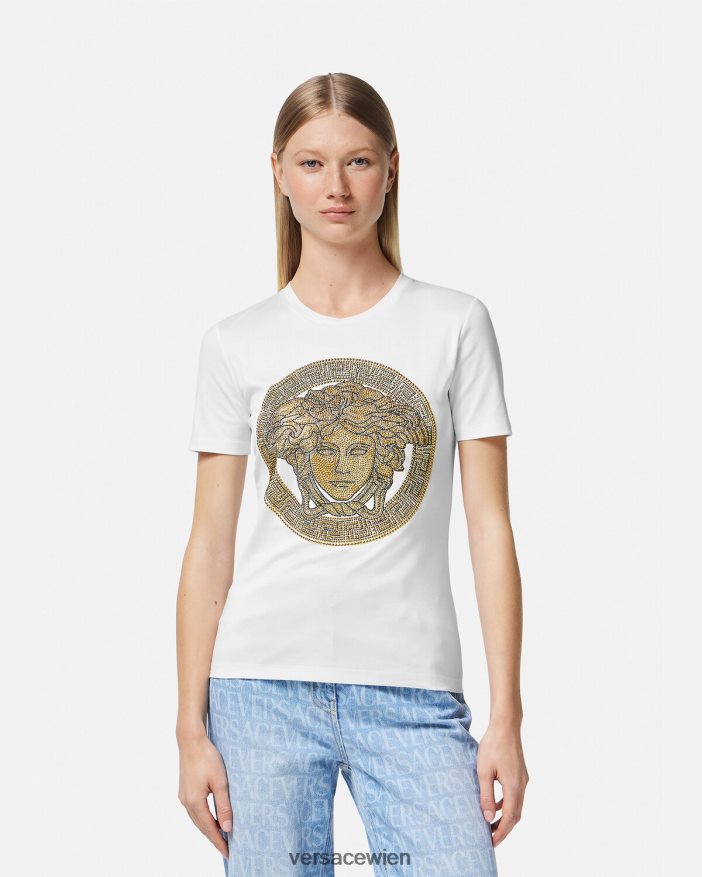 Weißes Gold Crystal La Medusa T-Shirt Versace Frauen Kleidung 8N4XJD133