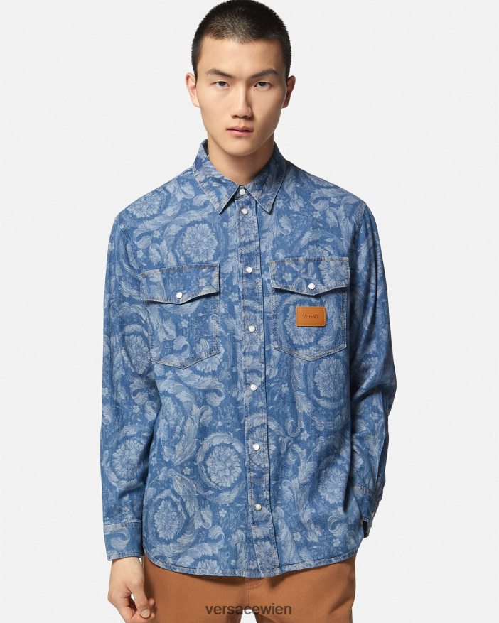 blau  bedruckt Überhemd aus Jeansstoff mit Barocco-Jacquardmuster Versace Männer Kleidung 8N4XJD1299