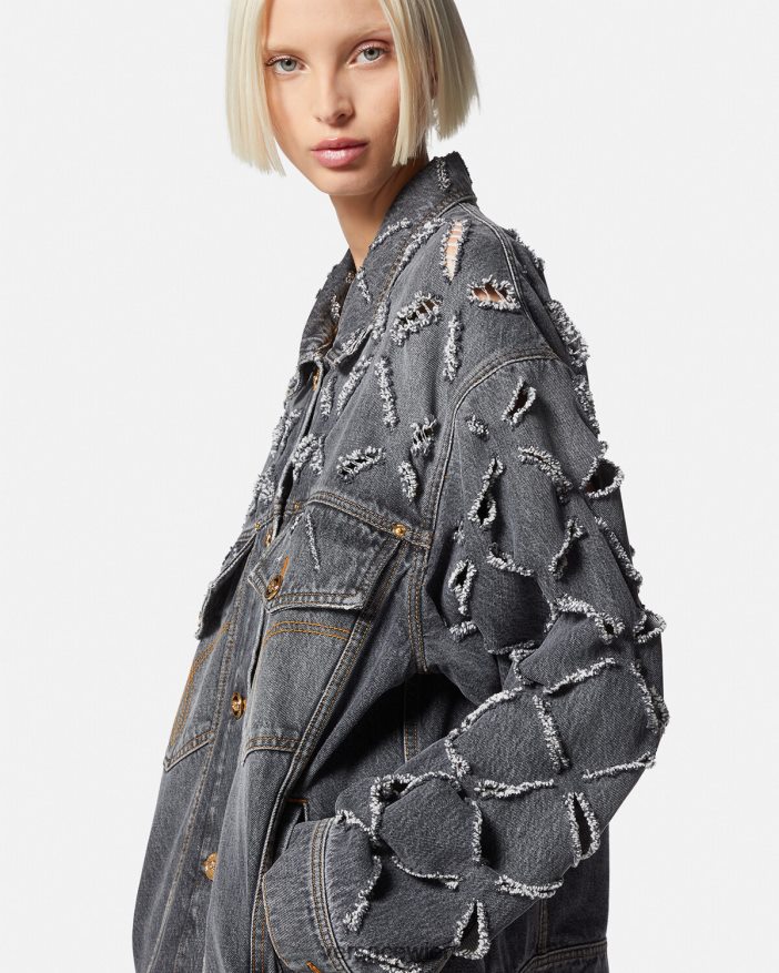 grau Jeansjacke mit Schlitzen Versace Frauen Kleidung 8N4XJD227