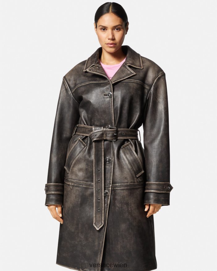 grau Trenchcoat aus gebürstetem Leder im Barocco-Stil Versace Frauen Kleidung 8N4XJD97