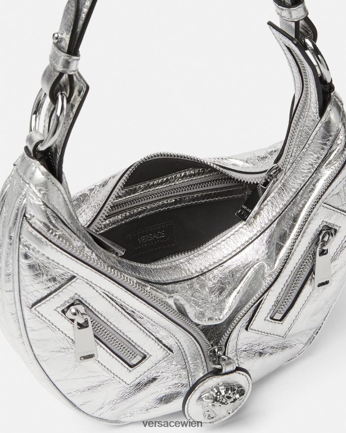 grau Wiederholen Sie die kleine Hobo-Tasche aus Metall Versace Frauen Taschen 8N4XJD280