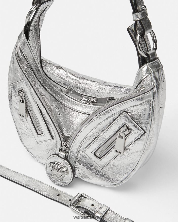 grau Wiederholen Sie die kleine Hobo-Tasche aus Metall Versace Frauen Taschen 8N4XJD280