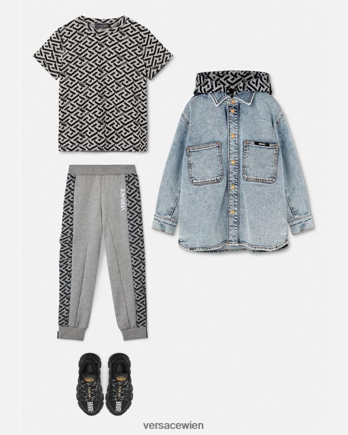 hellblau Kapuzenjacke aus La-Greca-Denim Versace Kinder Kleidung 8N4XJD2119