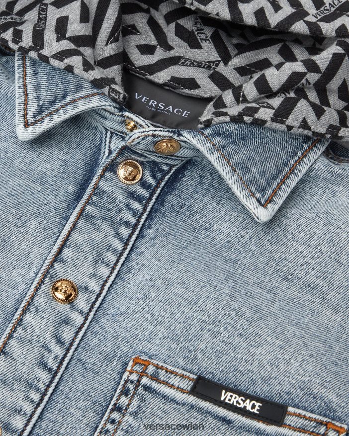hellblau Kapuzenjacke aus La-Greca-Denim Versace Kinder Kleidung 8N4XJD2119