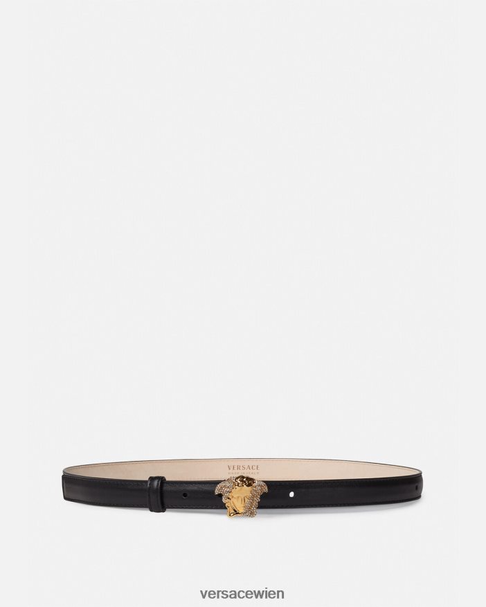 Schwarz Dünner Ledergürtel „Crystal La Medusa“. Versace Frauen Zubehör 8N4XJD524