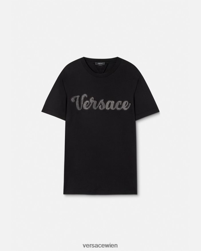 Schwarz T-Shirt mit Kristall-College-Logo Versace Männer Kleidung 8N4XJD1406