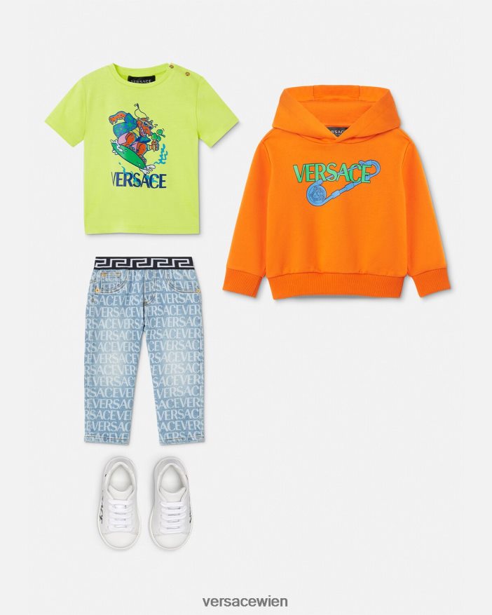 orange Kapuzenpullover für Babys mit Sicherheitsnadel Versace Kinder Kleidung 8N4XJD1918