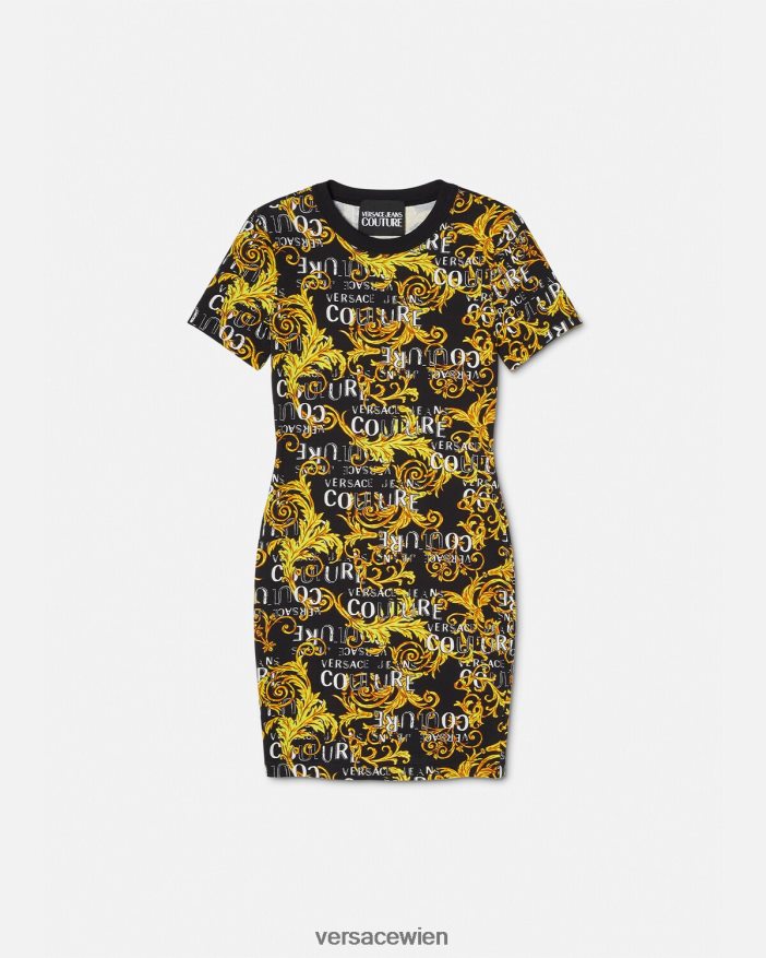 schwarzes Gold Couture-T-Shirt-Kleid mit Logo Versace Frauen Kleidung 8N4XJD2183