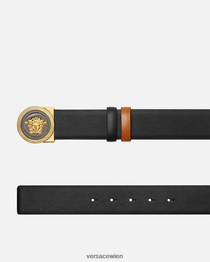 schwarzes Gold Emaille-Medusa-Biggie-Ledergürtel Versace Männer Zubehör 8N4XJD1608
