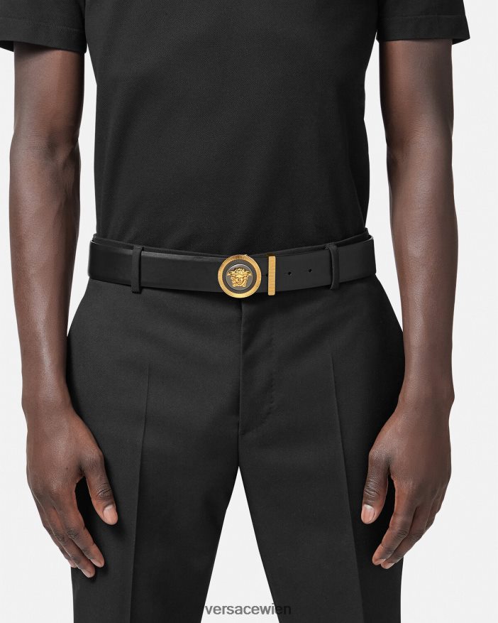 schwarzes Gold Emaille-Medusa-Biggie-Ledergürtel Versace Männer Zubehör 8N4XJD1608