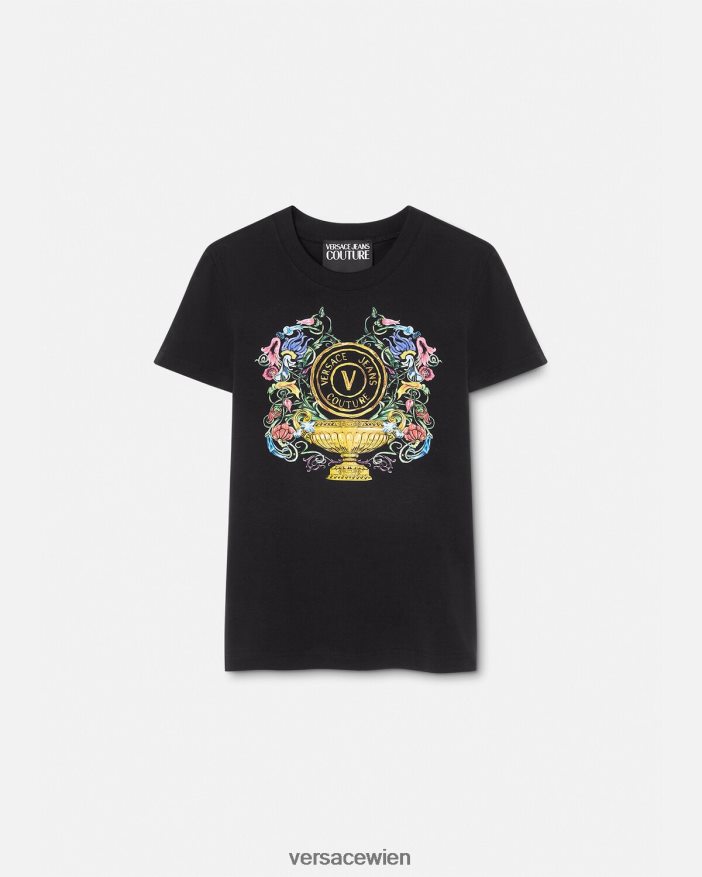 schwarzes Gold Garten-T-Shirt mit V-Emblem Versace Frauen Kleidung 8N4XJD2231