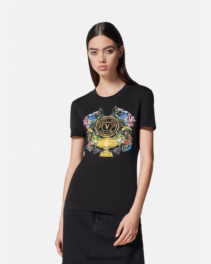 schwarzes Gold Garten-T-Shirt mit V-Emblem Versace Frauen Kleidung 8N4XJD2231