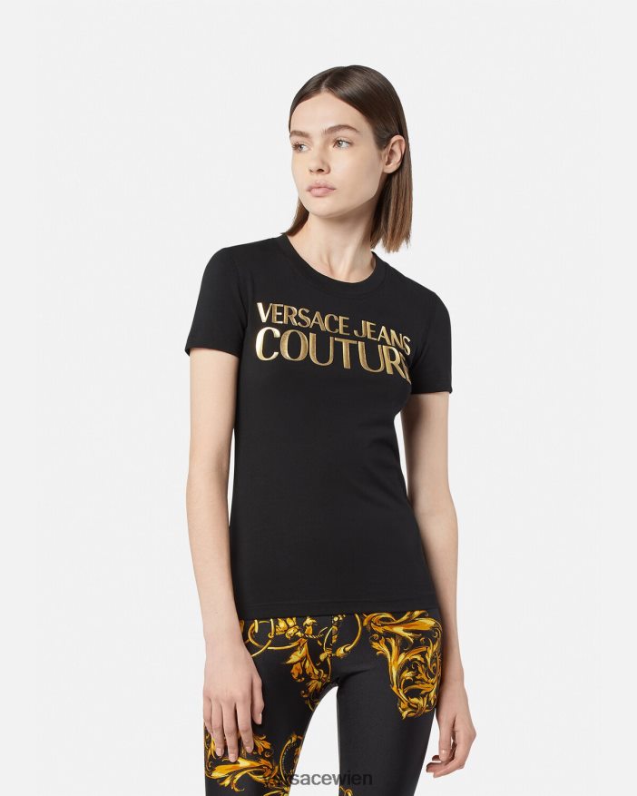 schwarzes Gold Logo-T-Shirt Versace Frauen Kleidung 8N4XJD2233