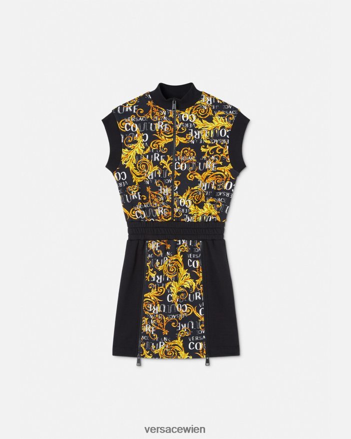 schwarzes Gold Minikleid mit Logo-Couture-Reißverschluss Versace Frauen Kleidung 8N4XJD2182