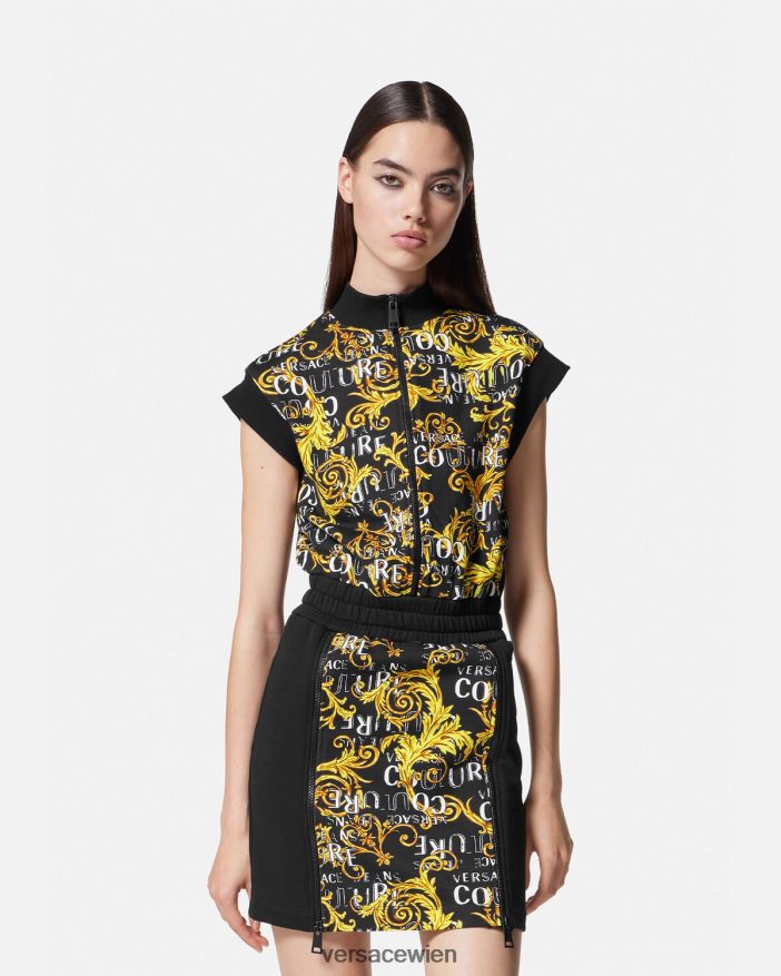schwarzes Gold Minikleid mit Logo-Couture-Reißverschluss Versace Frauen Kleidung 8N4XJD2182